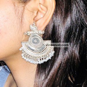 Indian Oxidized Big Earrings With Beads, Costume Handmade Earrings, Oxidized